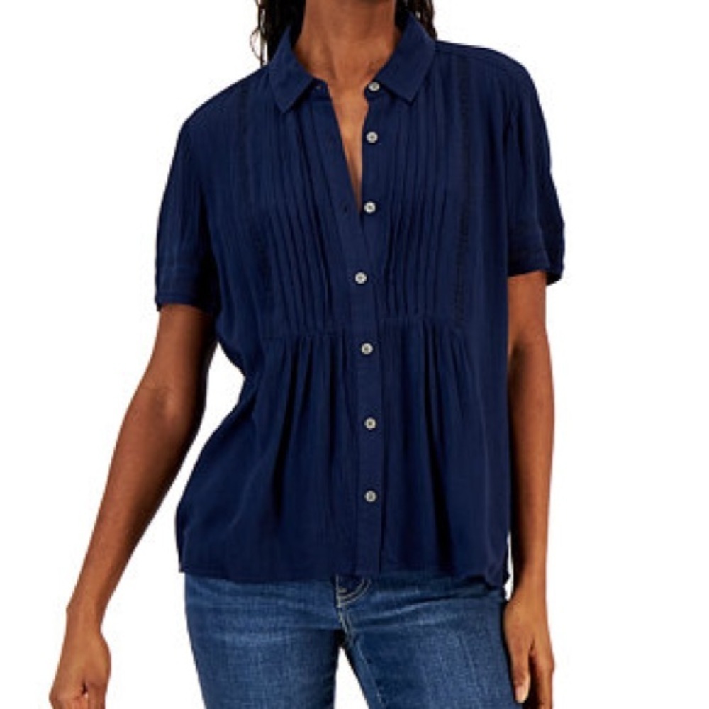 STYLE & CO Navy Blue Pintucked Crochet Top - Coastal Grandmother NWT
